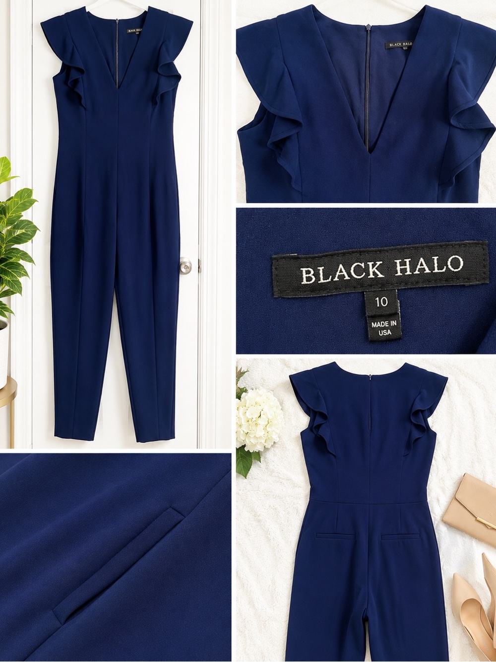 Black Halo Navy Ruffle-Sleeve V-Neck Jumpsuit